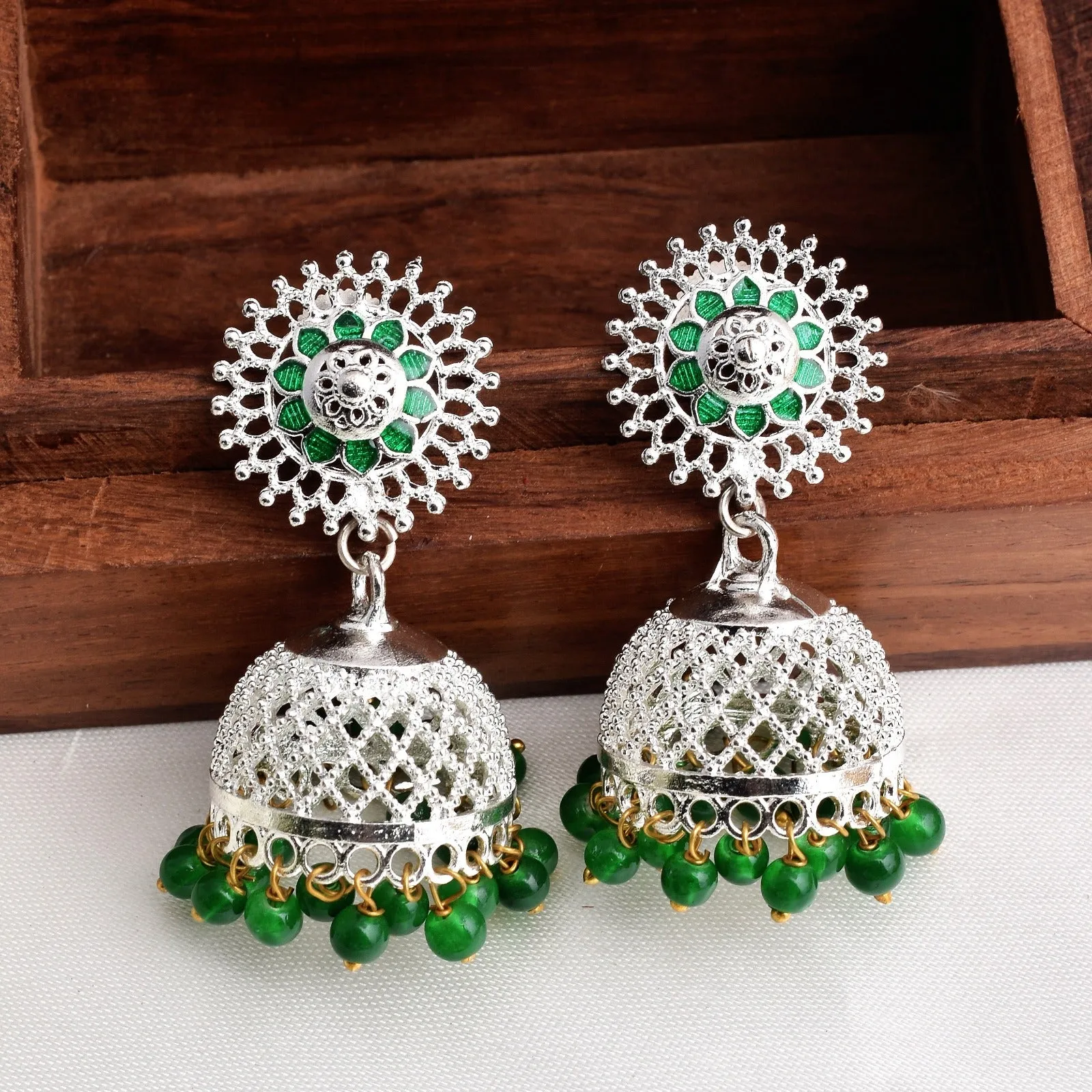 Green Color Flower Design Shiny Silver Enamel Jhumki Earrings