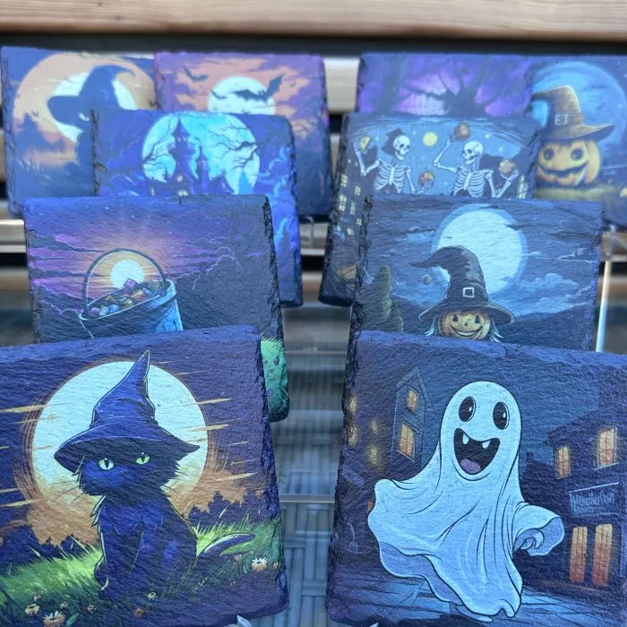 Halloween Slate Coasters - Black Cat Wizard