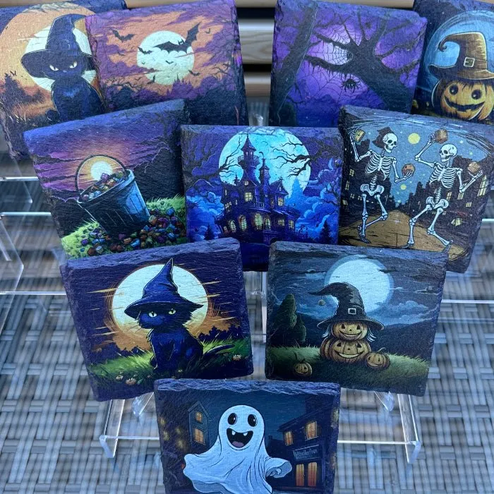 Halloween Slate Coasters - Black Cat Wizard